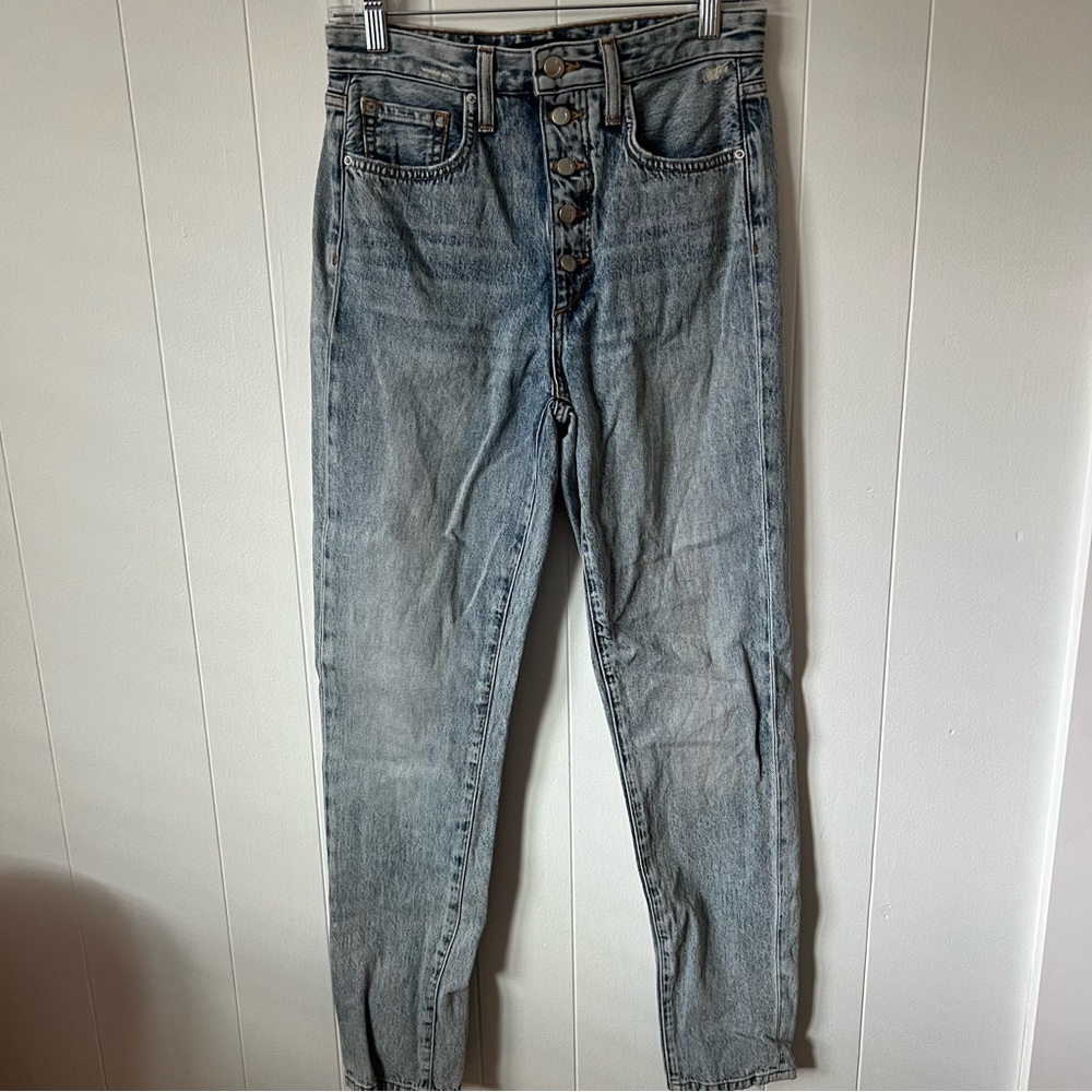 WE WORE WHAT BY JOES Button Fly High Waisted Bleach Wash Denim Jean